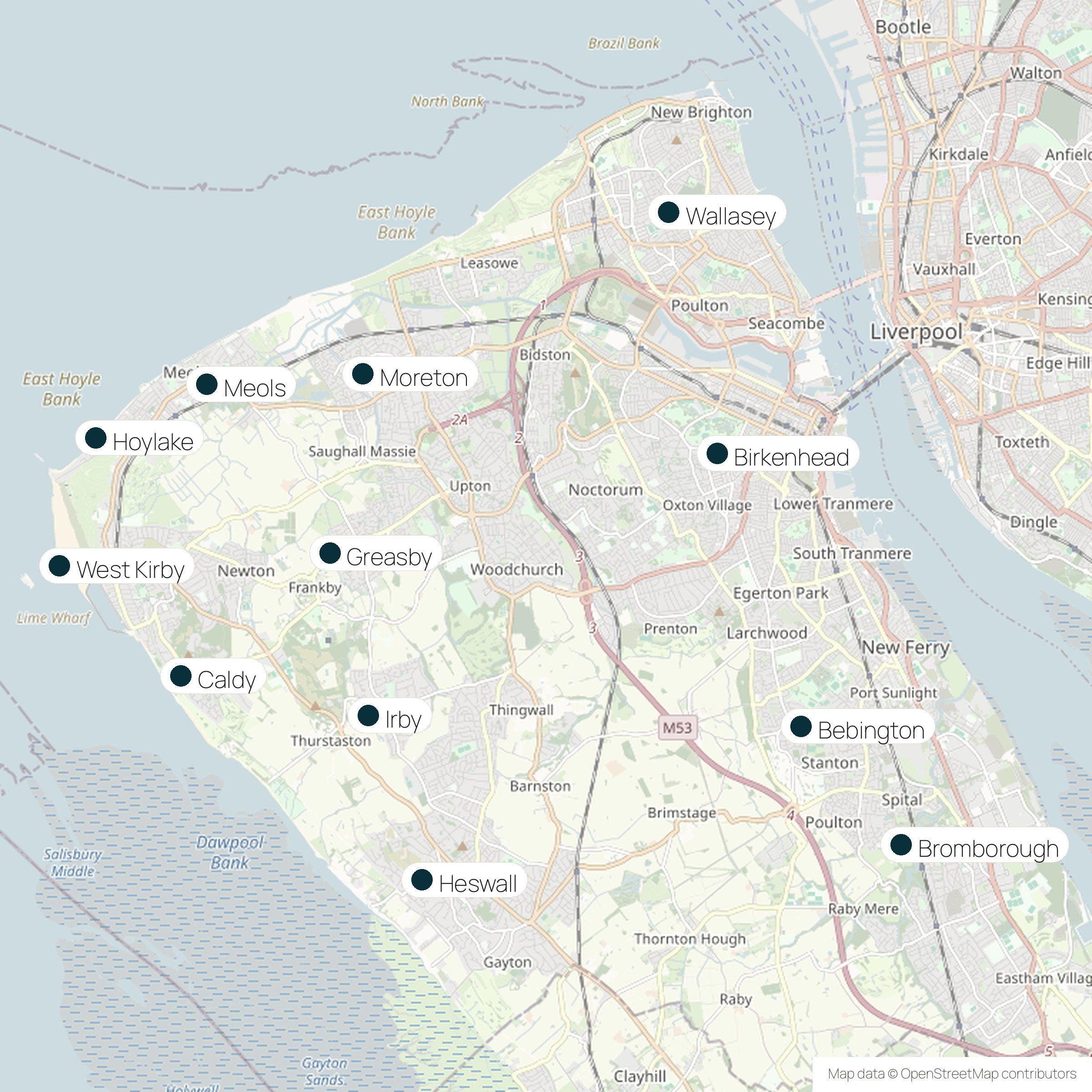 Outline map of the Wirral peninsula with the twelve towns we cover marked on it