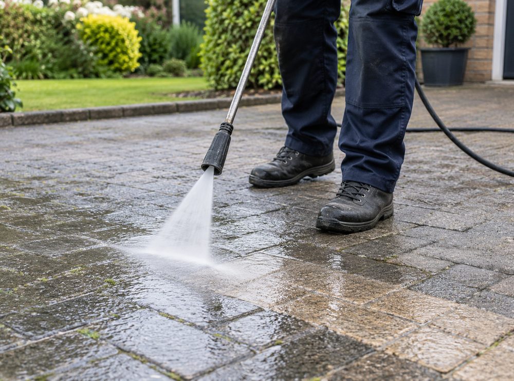 A pressure washer lance cleaning weathered block paving on a residential driveway