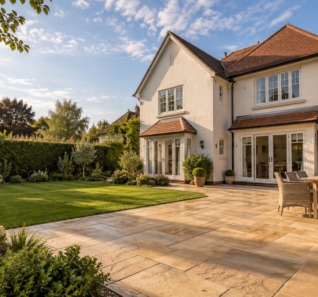 A rendered detached house with a sandstone patio and lawn, photographed in afternoon light