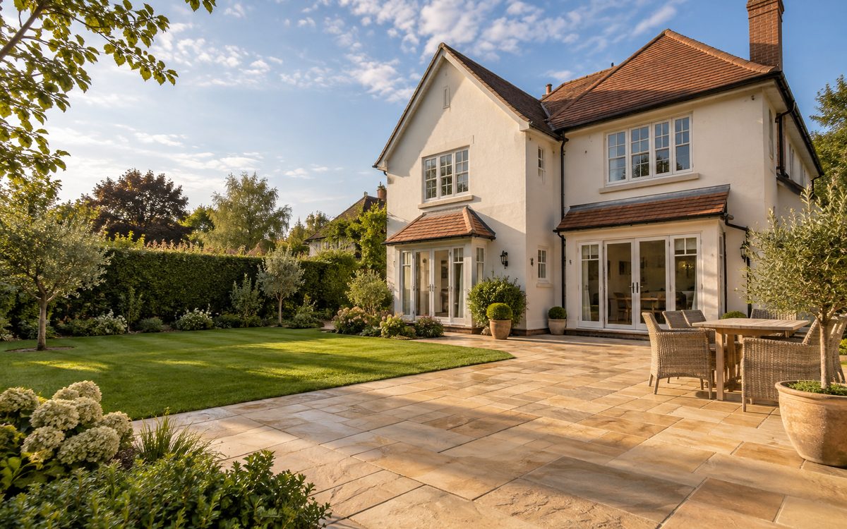 A rendered detached house with a sandstone patio and lawn, photographed in afternoon light