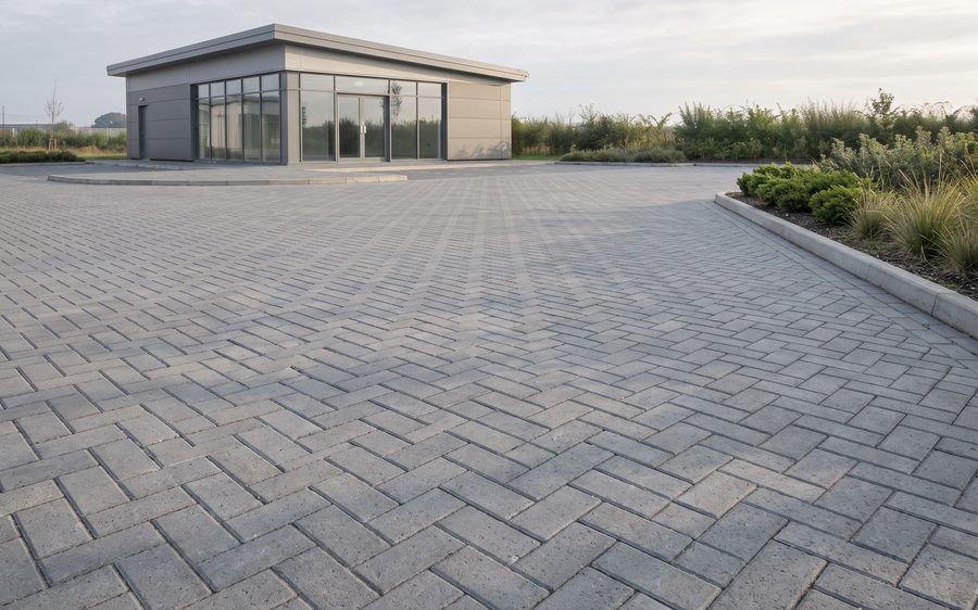 A clean commercial forecourt of grey block paving in front of a business unit