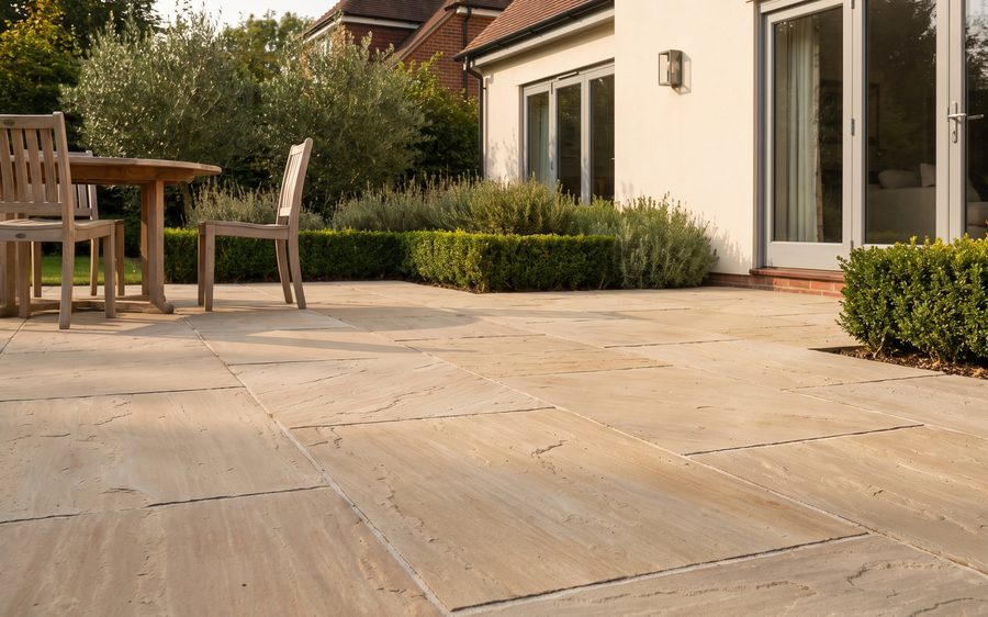 A sandstone patio with garden furniture beside a cream rendered house