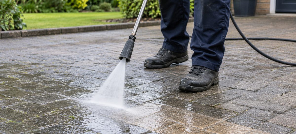 A pressure washer lance directed at block paving, with a cleaned strip appearing behind it